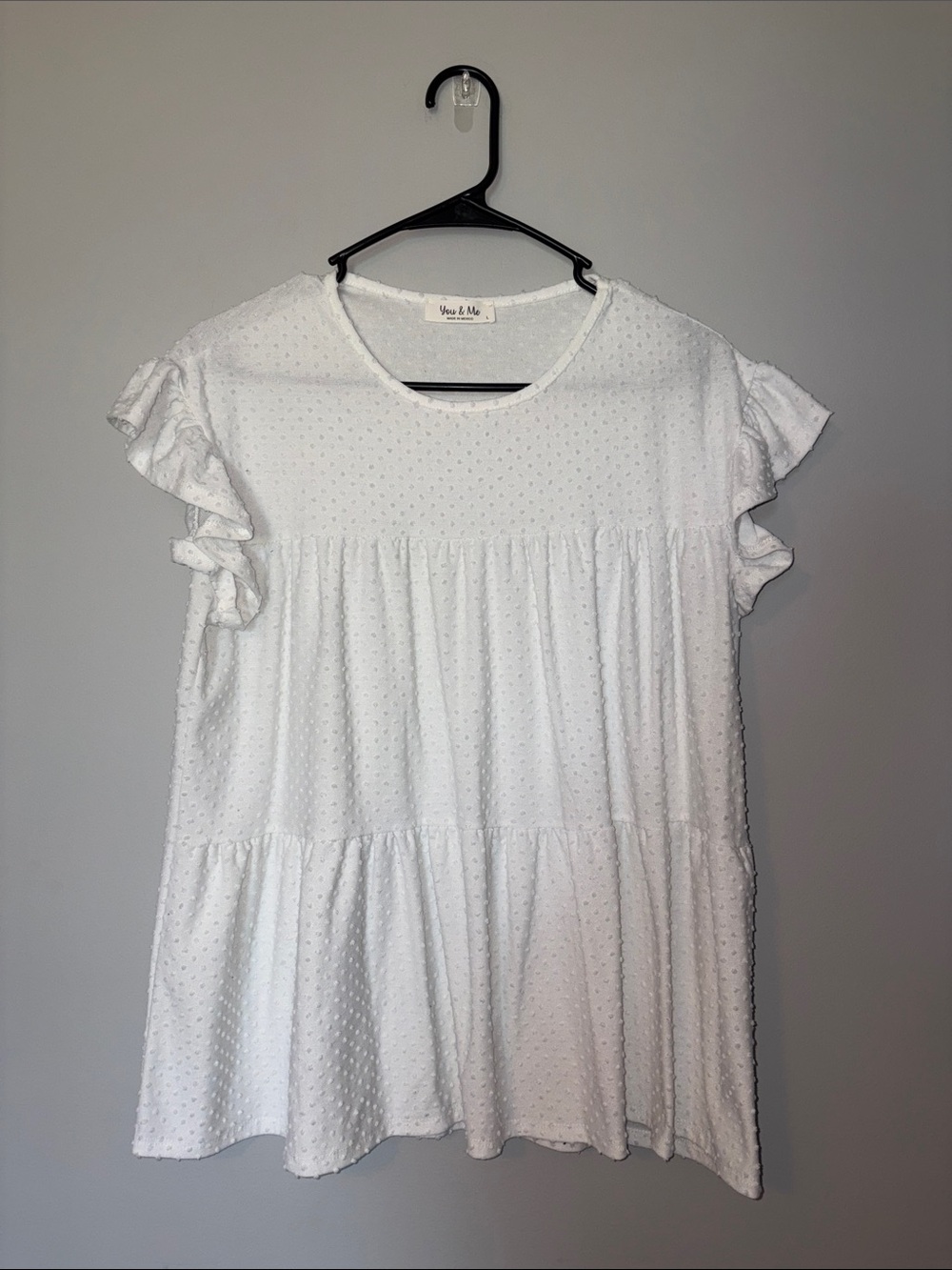 You & Me White Swiss Dot Ruffle Sleeve Babydoll Top Large